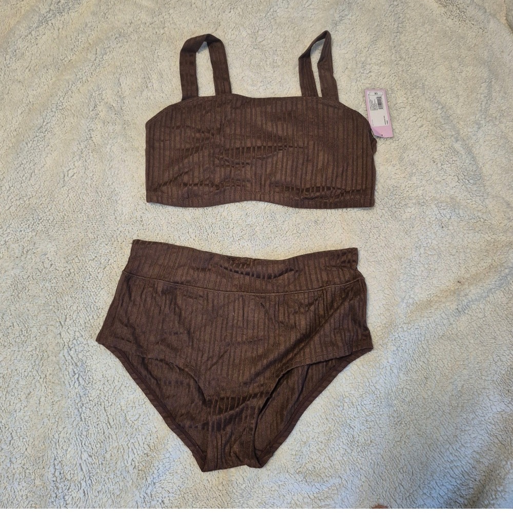 Wild Fable Womens 2 Piece Ribbed Crop Top and High Waist Bottom Set Brown 1X NWT